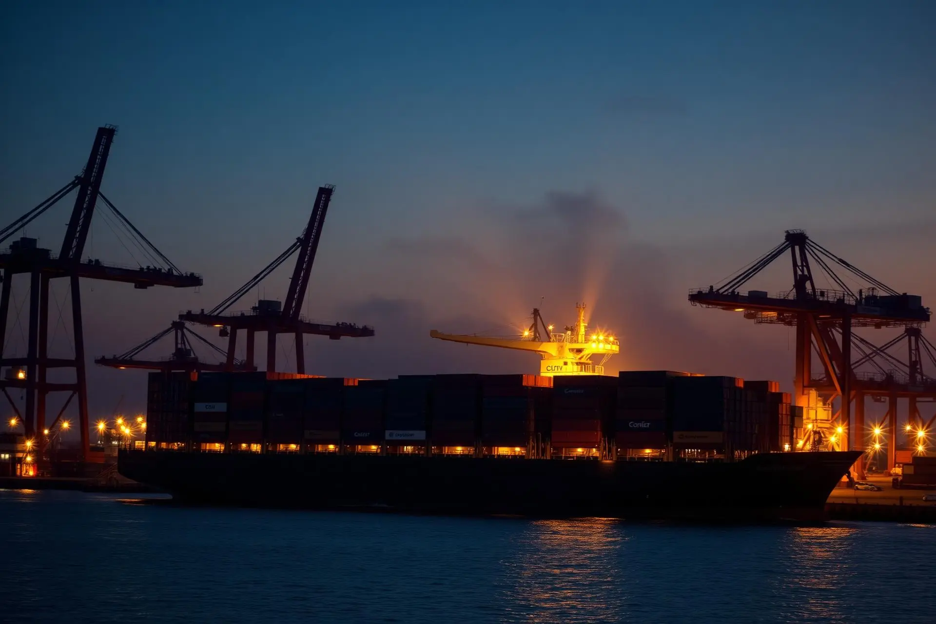 Container ship at a Global port at twilight
